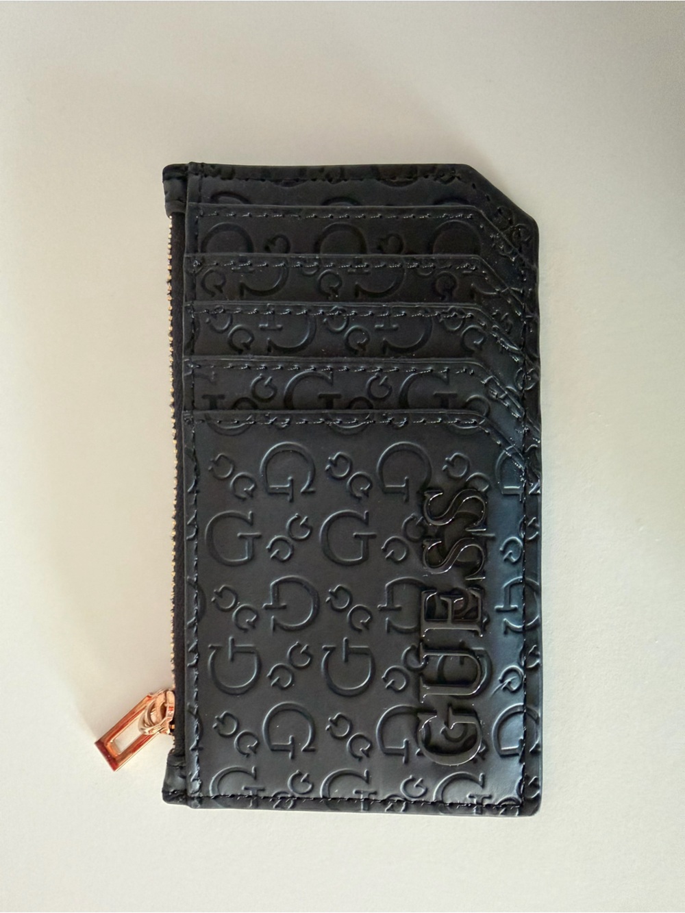 GUESS Black Embossed Logo Card Case with Rose Gold Zip